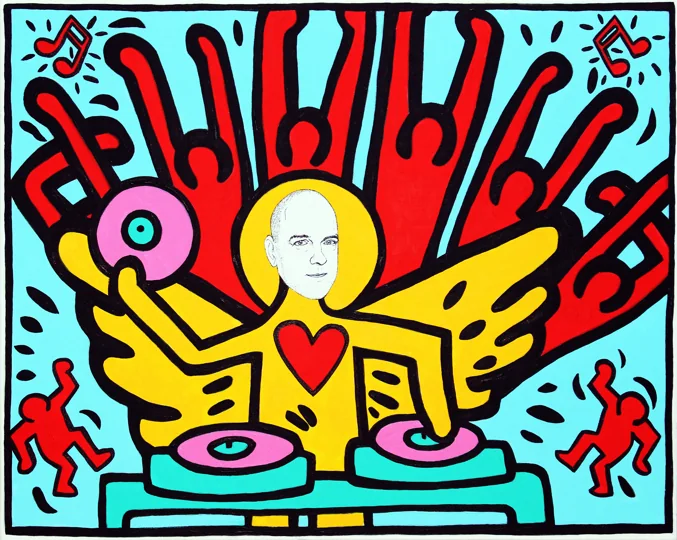 DJ Palotai hatalmas partit tol a mennyben Keith Haring műtermében - Számozott, aláírt művészeti giclée-nyomat, kerettel, művészeti papíron.