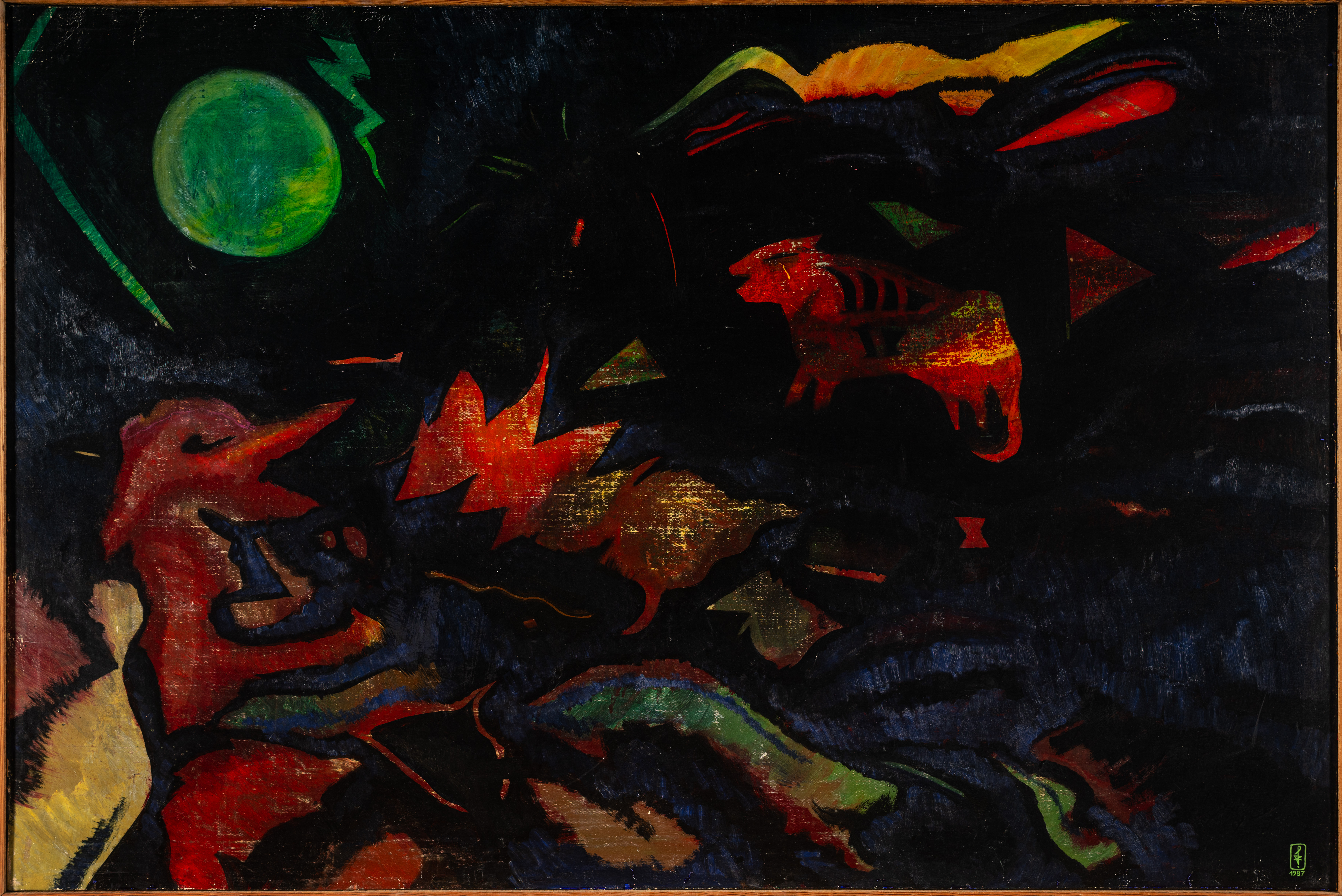 Szurcsik József: Hold, villám, lézer (1987). Sötét hátterű szürreális festmény zöld holddal, színes villámszerű formákkal és madárszerű alakokkal.