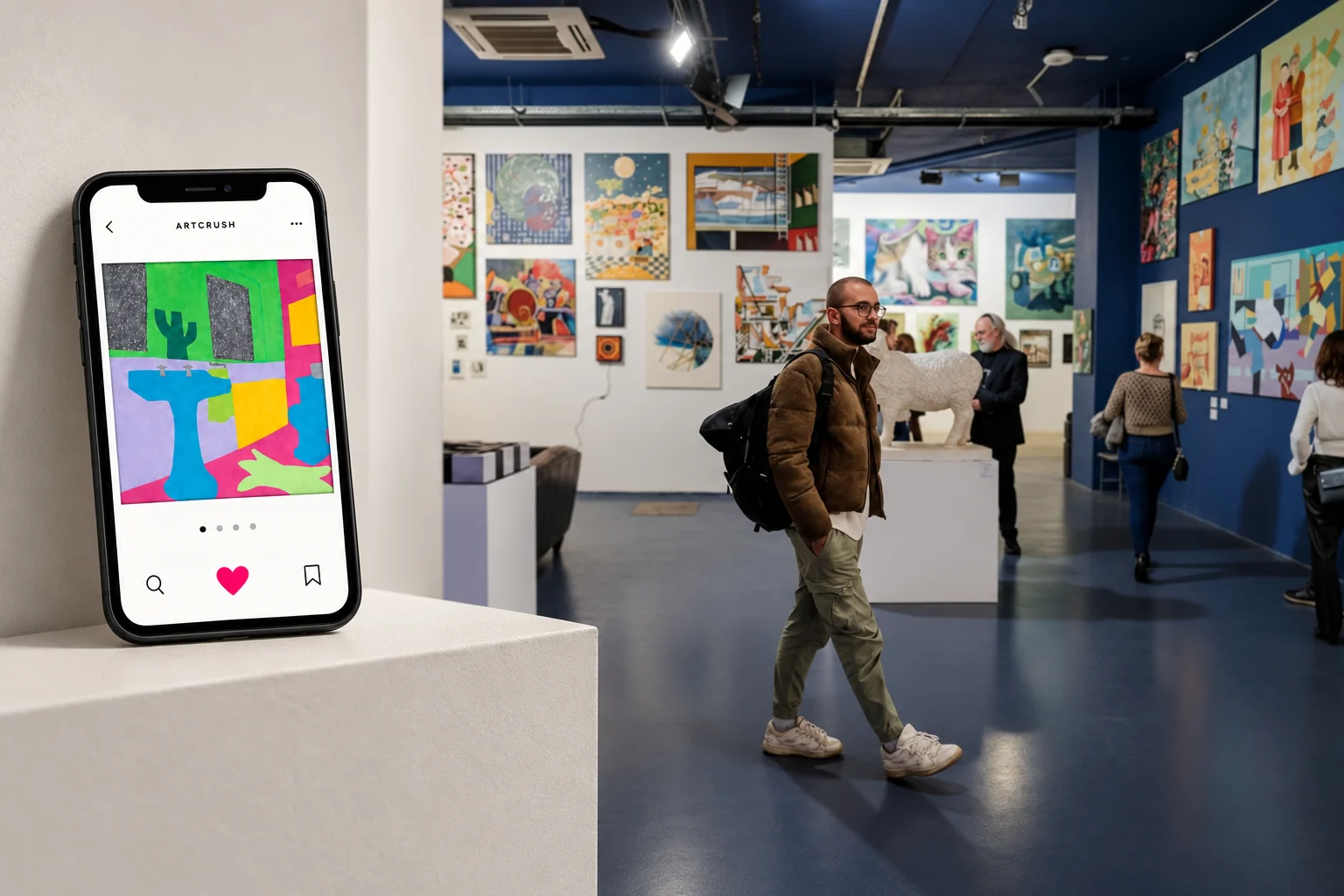 Az ARTCRUSH egy telefon képernyőjén és látogatók kortárs műalkotások között egy kiállítótérben